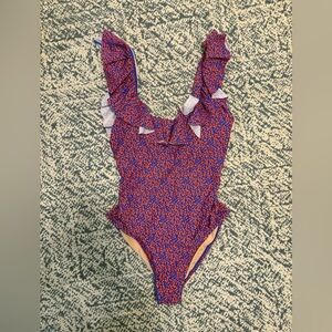J. Crew Liberty Blue and Red One Piece Scoopneck Ruffled Swimsuit Size 6